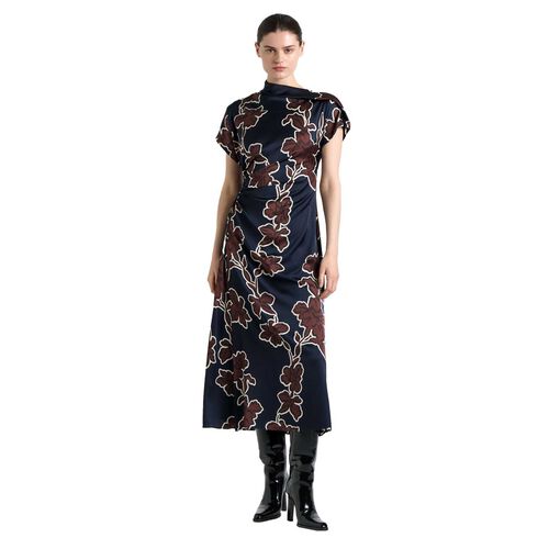 Cue Ink Illustrated Floral Satin Fold Neck Dress